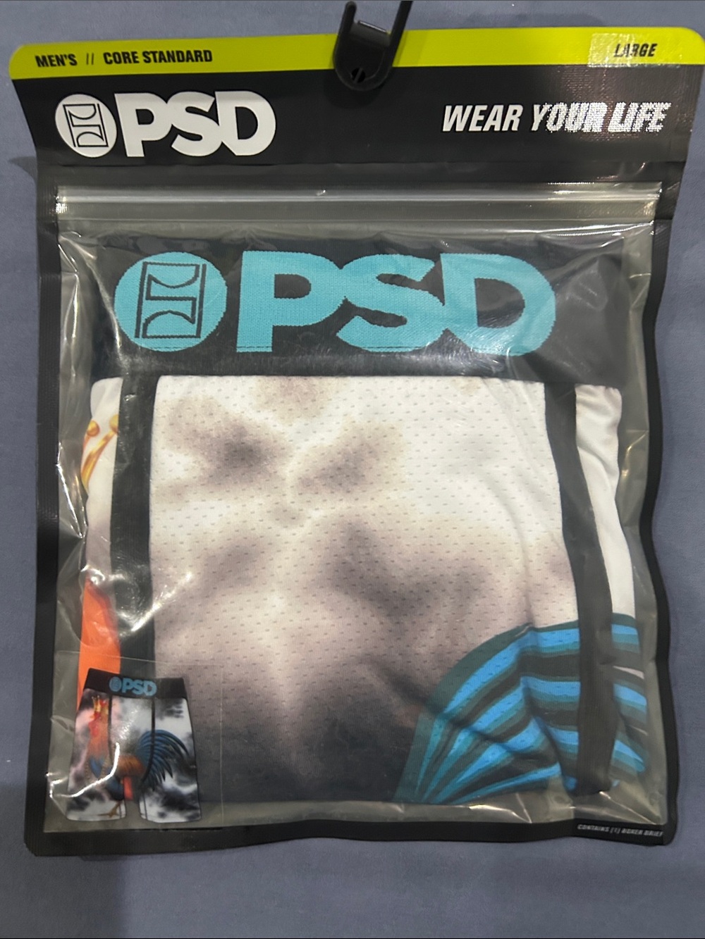 PSD Cocky Blu Men’s Boxer Briefs — Black, White, Teal, Orange